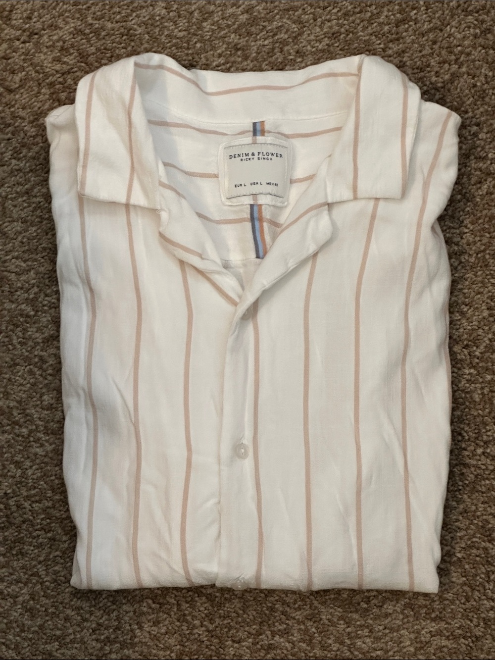 Denim & Flower Ivory Short Sleeve Button-Up with Tan Pinstripes